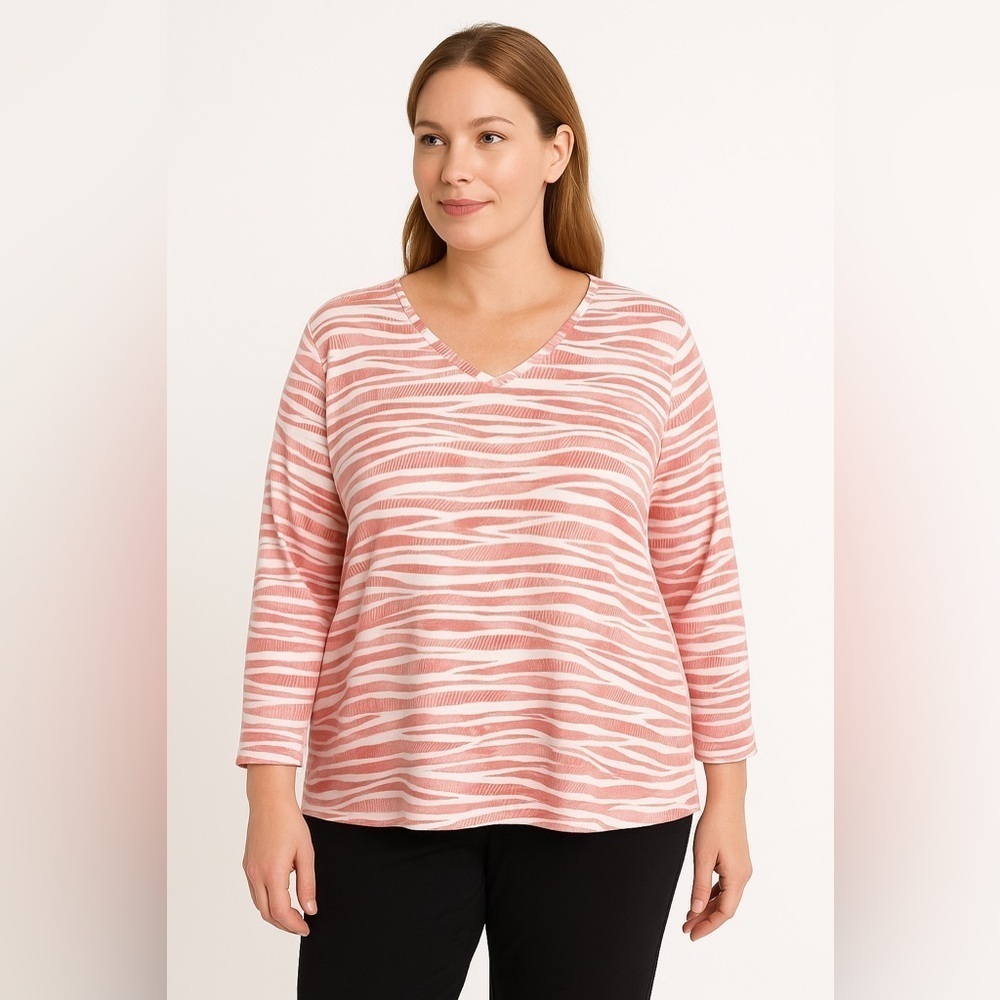 Chico’s Ultimate Tee Pink White Zebra Stripe Women’s 3 XL V Neck 3/4 Sleeve Top